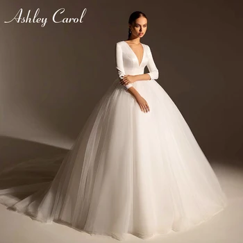 Abito da sposa principessa a maniche lunghe da sposa con scollo a V di nuovo arrivo Ashley Carol