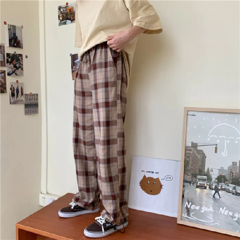 

Drawstring Plaid Pants Men's Fashion Retro Contrast Color Casual Pants Men Streetwear Wild Loose Hip Hop Straight Trousers Mens