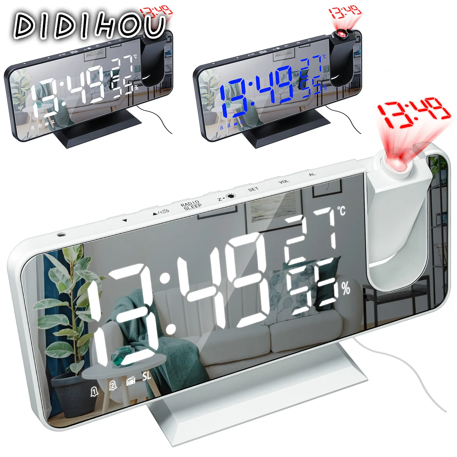 

LED Digital Alarm Clock Watch Table Electronic Desktop Clocks USB Wake Up FM Radio Time Projector Snooze Function 2 Alarm