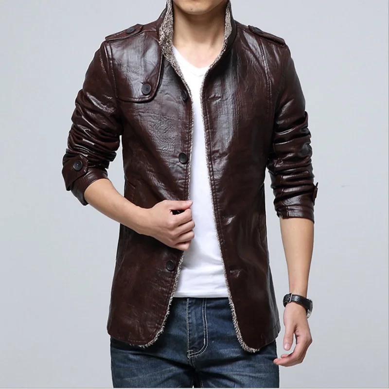 

2019 Winter Middle Long Coat Korean-style Slim Fit Single-Breasted Fur PU Leather MEN'S Leather Jackets