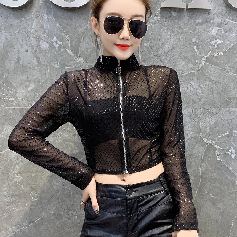Black tshirt Модная сексуальная блестящая Рождественская женская футболка с блестками, новинка, осенне-зимние топы на молнии, кардиган, одежда, Camiseta Mujer, футболки T9N403 - Цвет: Black tshirt
