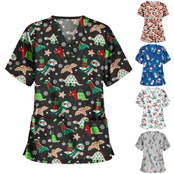 Women's Christmas Printed Short-sleeved V-neck Tops Nursing Work Casual Tops T-shirts Nurse Uniform Медицинская Одежда