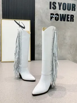 

Tassel High Heel Woman Long Boots Genuine Leather Fashion Luxury Designer Woman Shoes Pointed Toe Solid Color Zapatos De Mujer