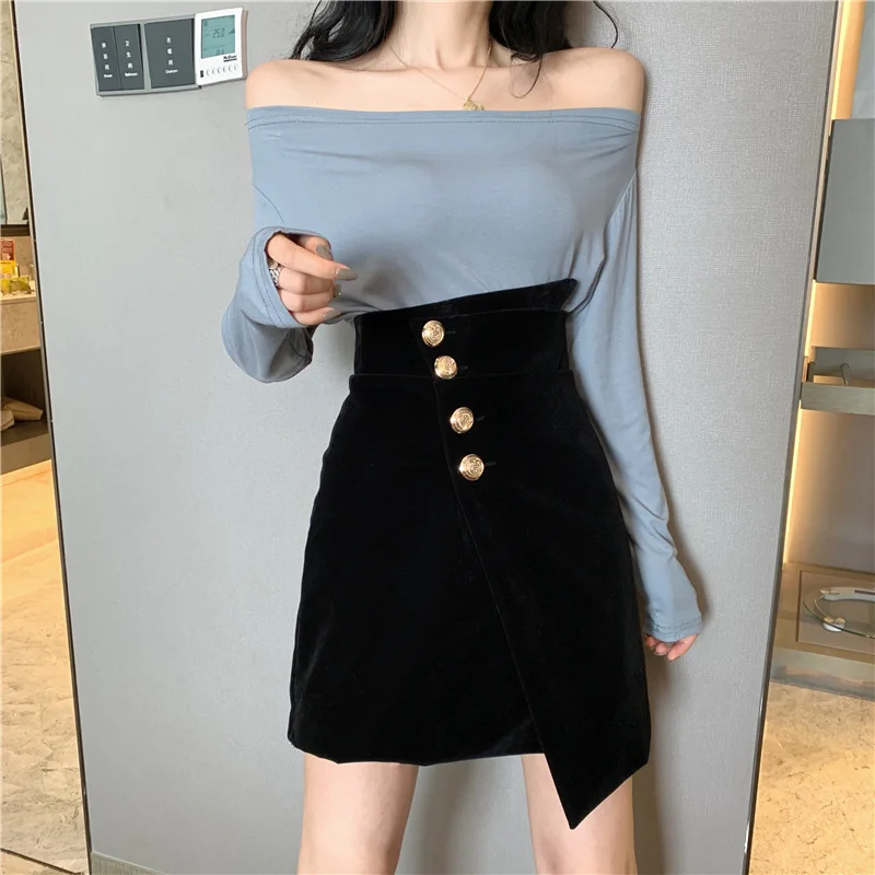 

Photo Shoot 2019 WOMEN'S Dress Autumn & Winter Skirt Women's Elegant Irregular Short Skirt High-waisted A- line Solid Color Blac