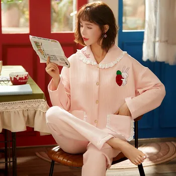 

Pink Sets Of Women's Pajamas Long Sleeve Sleepwear Women Sweet Loung Wear Cotton Cardigan With Pocket Phoentin Fg243