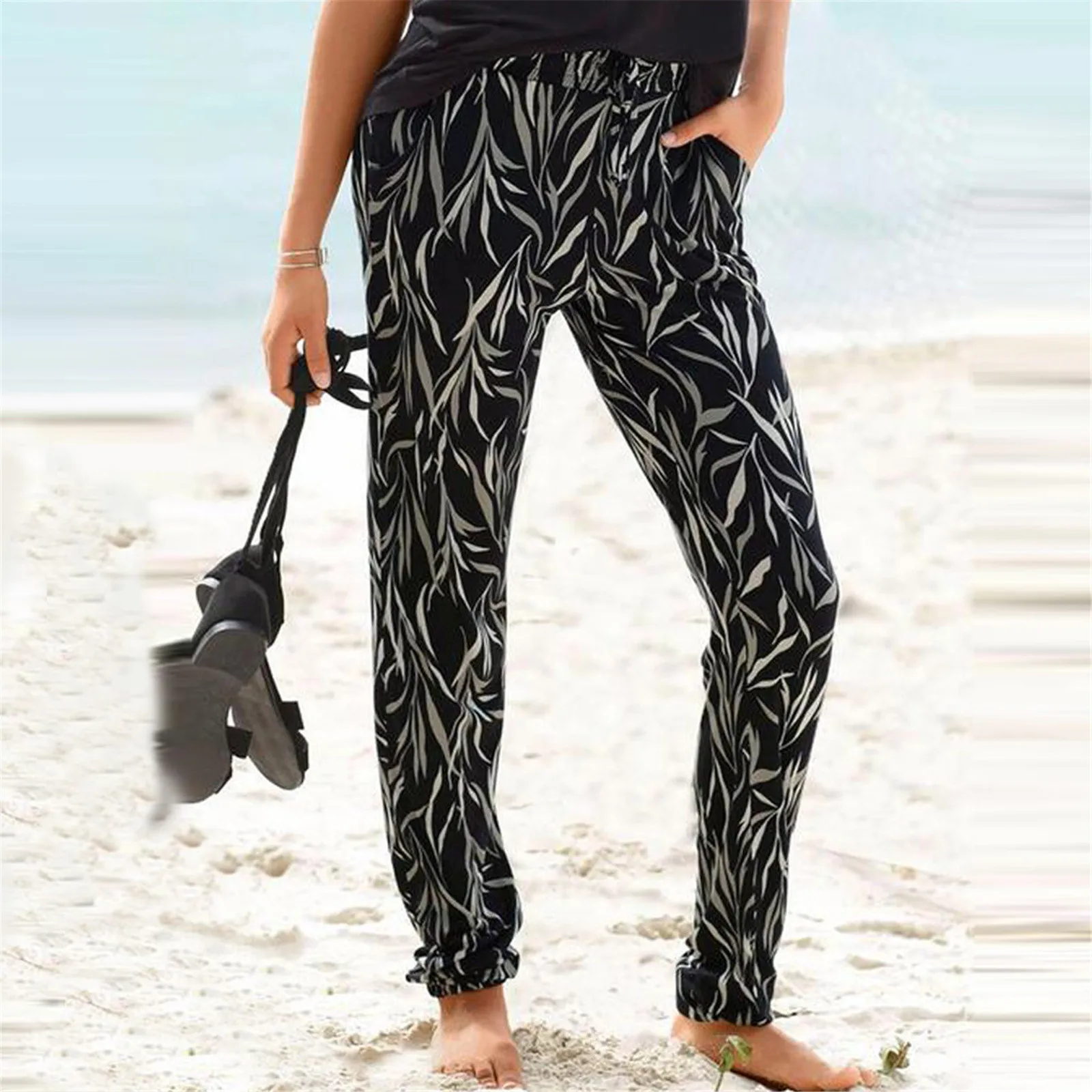 bohemian Women's pants High Waist Leaf Printing Trousers Long Pants Boho Beach Pockets trouser harajuku 2021 | Женская одежда