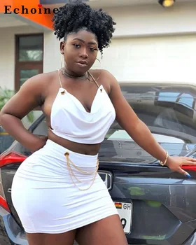 

Women Sexy Suspender Cutout Backless Short Skirt Two Piece Set Halter Ruched Chain Lace Up Casual Matching Set Ladies Tracksuit