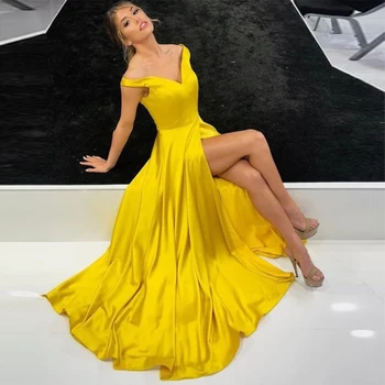 

Yellow Off Shoulder Evening Dress Arabic Split Front Satin Floor Length Formal Party Evening Dresses