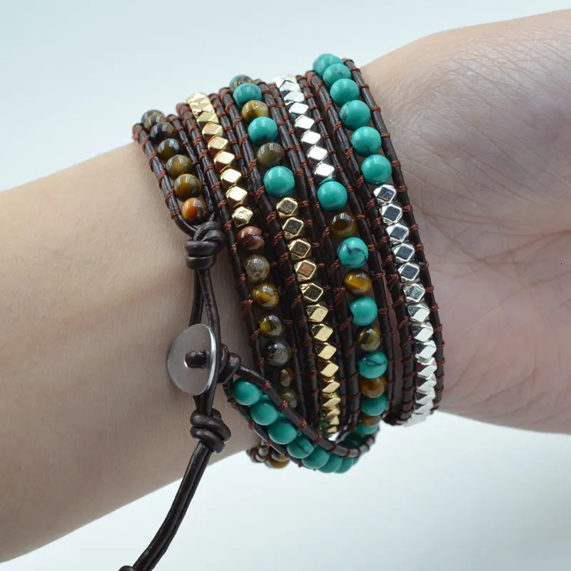 BohemianVintage Bracelets Natural Stones Tube Beads Leather Wrap with Gold Silver Metal Beads Bracelets Handmade Gift forWomen