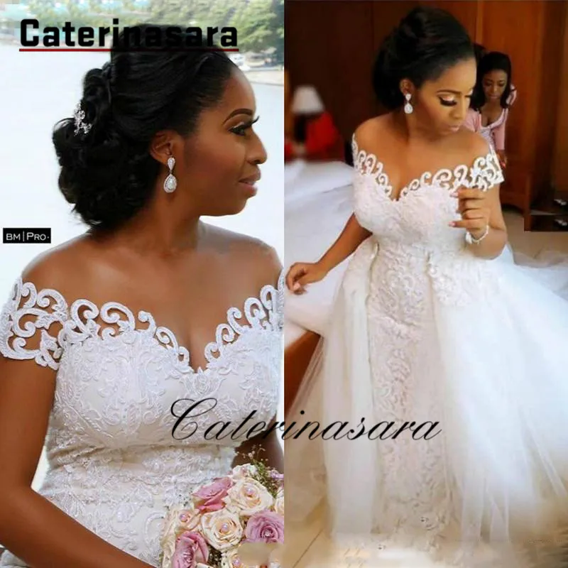 

Sexy African Nigerian Mermaid Wedding Dresses With Detachable Train Full Lace Applique Sheer Off The Shoulder Bridal Gowns