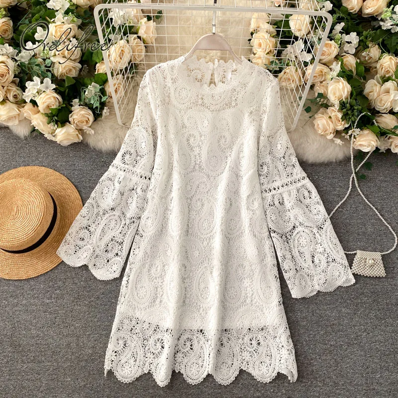 

Ordifree 2022 Summer Women White Lace Party Mini Dress Hollow Out Casual Short Vacation Beach Dress