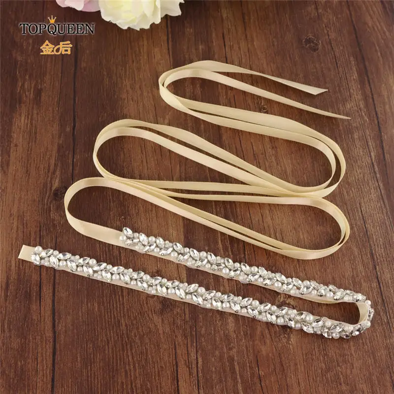 TOPQUEEN S383-S Wedding dress belt pearl Sliver diamond belt luxury rhinestone belt rhinestone trim applique bridal belt - Цвет: champange