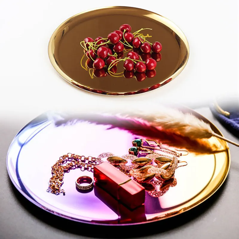 

Stainless Steel Round Storage Tray Fruit Tower Dessert Snack Jewelry Home Decor Tray Gold Serving Container Kitchen