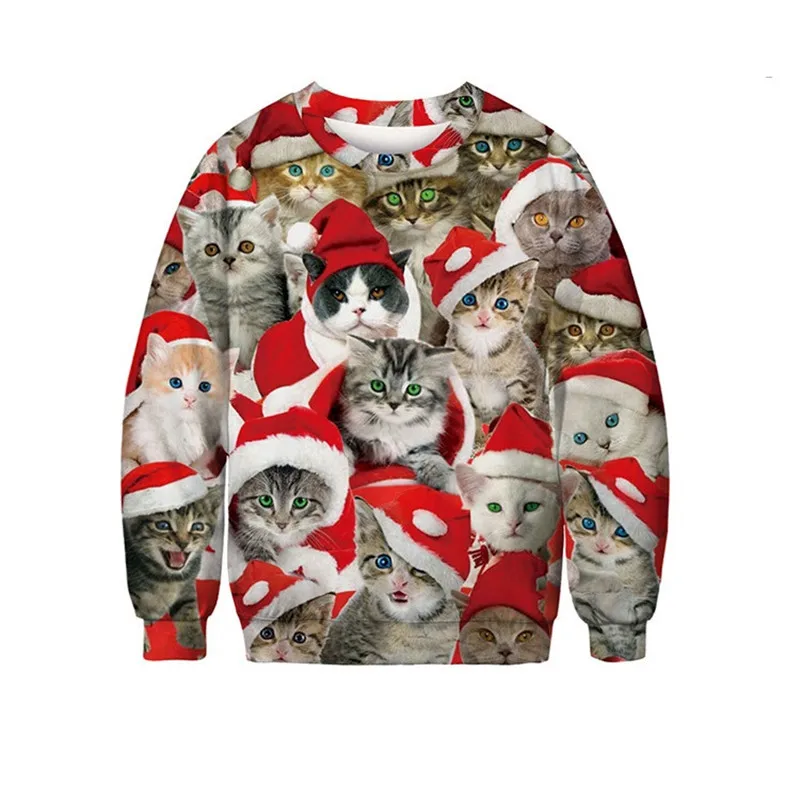 Новинка, Забавный свитер с 3D принтом кошки, женские и мужские Уродливые Рождественские свитера, джемперы, топы, пуловер для праздников и вечеринок, одежда размера плюс, 3XL
