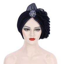 

Sinya High Quality Navy Blue Turban Caps For Women Rhinestone Head Wraps Muslim Scarf Bonnet African Hat Auto Gele Headtie