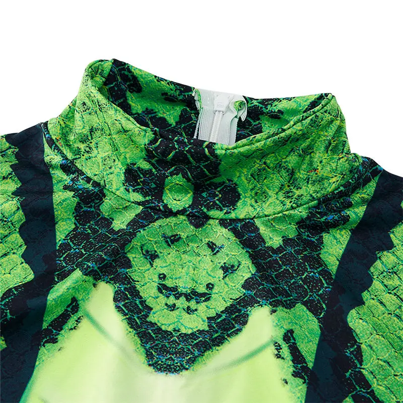 Зеленый змеиная кожа 3D комбинезон вечерние на Хэллоуин Nigthclub костюм боди с длинным рукавом наряд для женщин