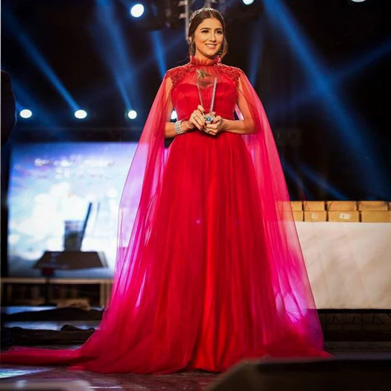 

Sevintage Red High Neck Celebrity Dress Middle East Dubai Long Shoulder Train Tulle Prom Dress Formal Evening Gowns Abendkleider