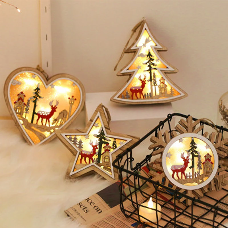 Креативный светодиодный светильник, подвесная подвеска на рождественскую елку, звездное сердце, деревянные украшения, рождественские, вечерние, новогодние украшения