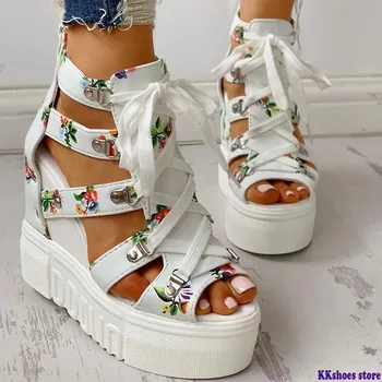 

Spring Women Sandals High Heel Casual Ethnic Flower Floral Open Toe wedges Platform Height Increasing Chunky Ladies Shoes 0523W