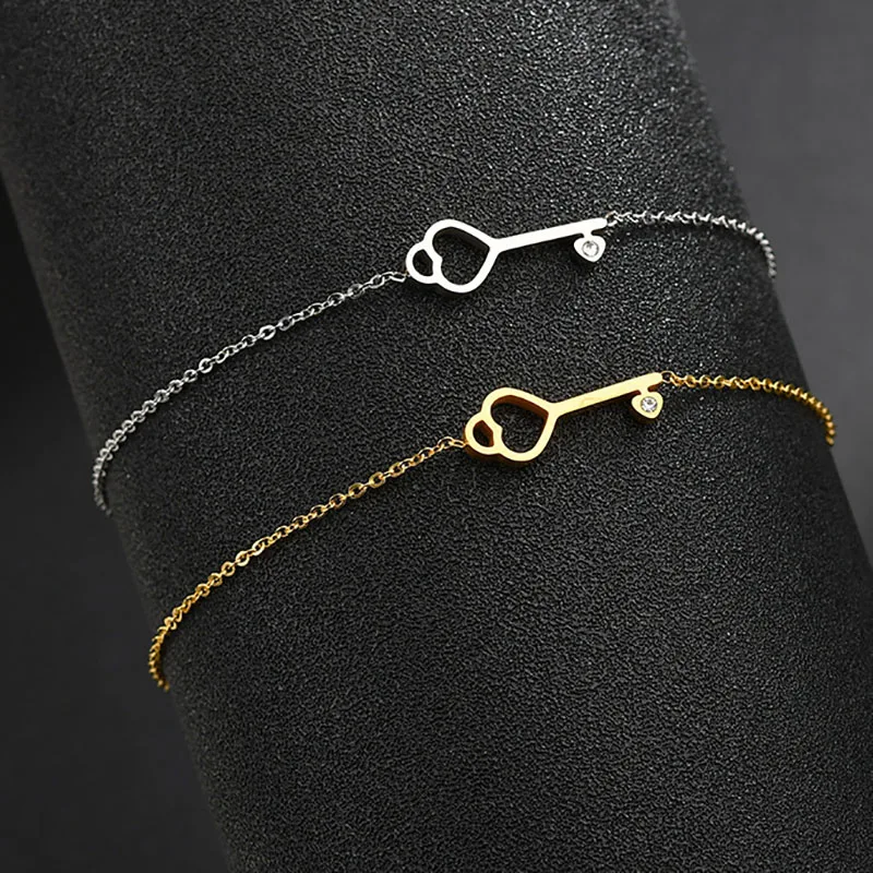 Simple Fashion Zircon Crystal Key Bracelets For Women Stainless Steel Charm Chain Wedding Engagement Bracelet Female Jewelry | Украшения и