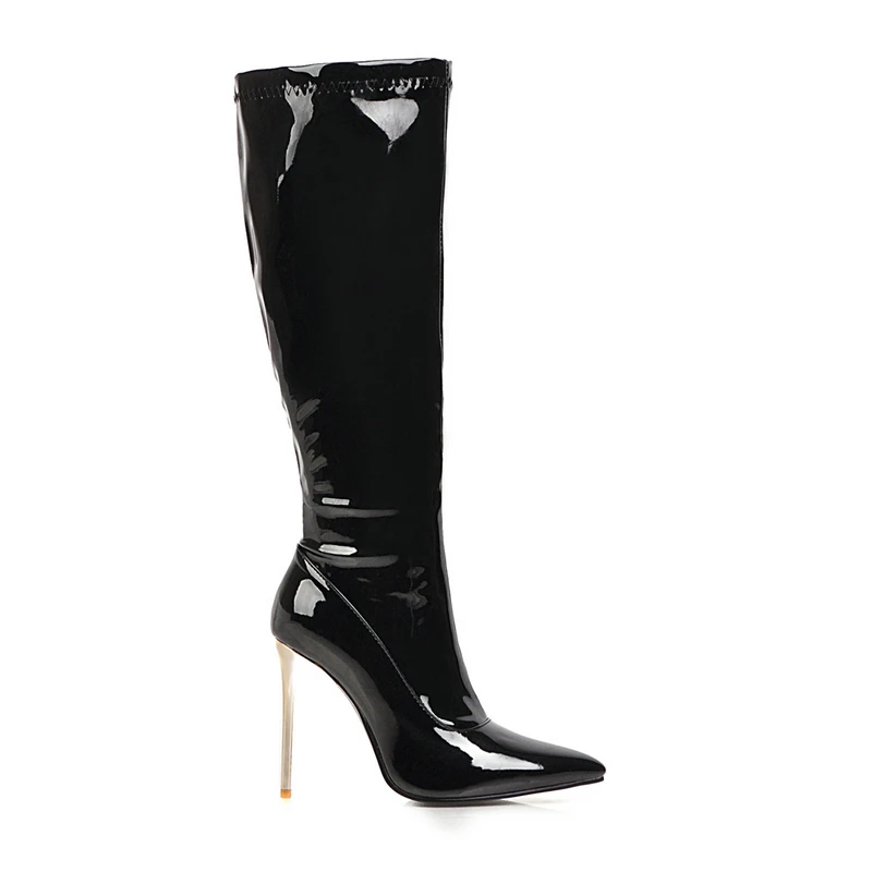 Black Red White Patent Leather Sexy Knee High Boots Super Heel Women's Tall Boots Pointy Toe Winter Dress Boots Side Zipper