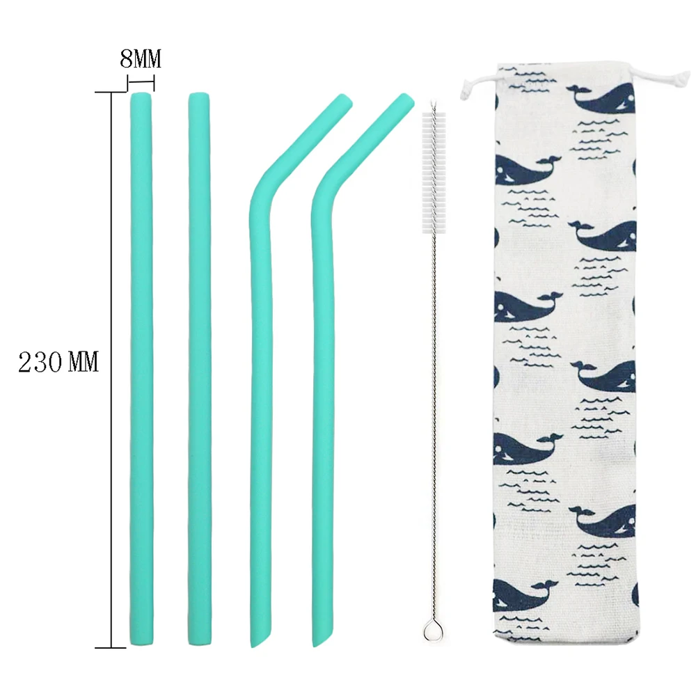 6pcs green no.1 6 шт многоразовые соломенные силиконовые соломинки Набор Гибкая соломка с чистящей щеткой мешок прямой изогнутый Смузи соломы для 20 унций - Цвет: 6pcs green no.1