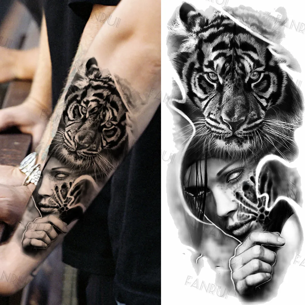 Black Gun Tattoos Sticker For Men Women Arm Art Temporary Tattoos Realistic Fake Flower Lion Tiger Tatoos Decal Cool Warrior DIY