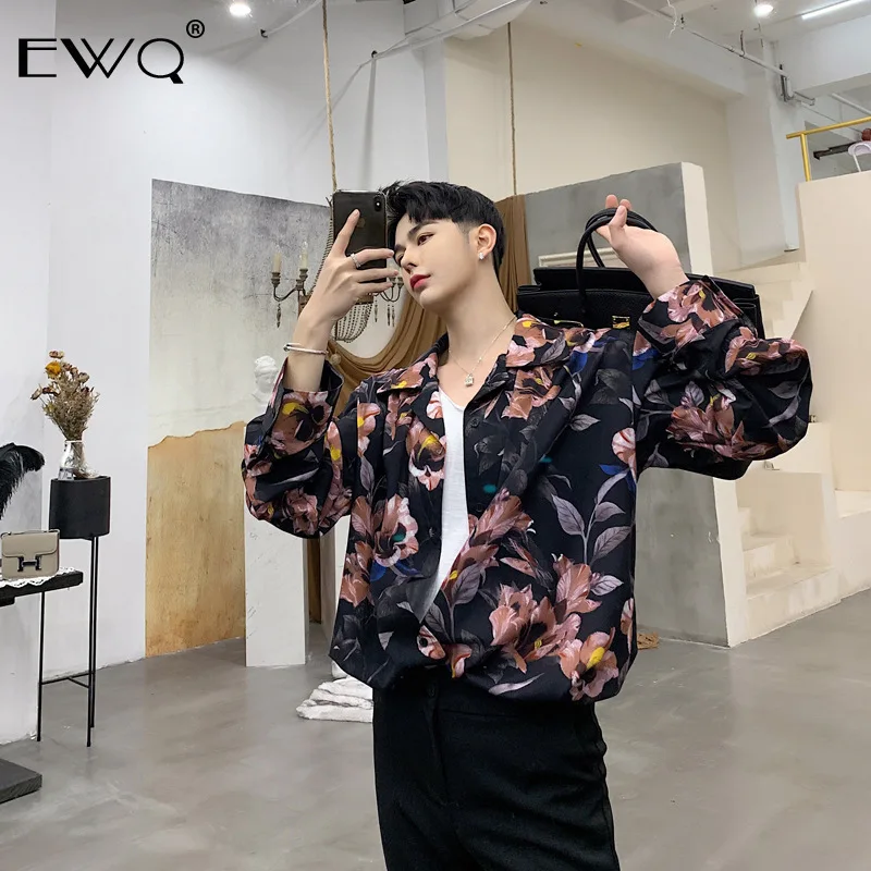 EWQ Новое поступление шикарный дизайн винтажная печать темперамент рубашка мужская с длинным рукавом Свободная рубашка Весенняя Мужская блузка HD618