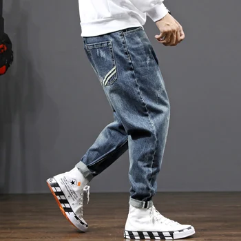 

Fashion Streetwear Men Jeans Retro Blue Loose Fit Denim Harem Pants Hombre Wide Leg Trousers Stripe Designer Hip Hop Jeans Men