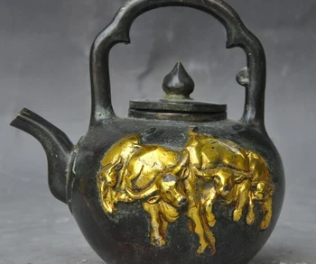 

marked old chinese bronze gilt 5 Oxen Bull lucky statue teapot Kettle Tea maker