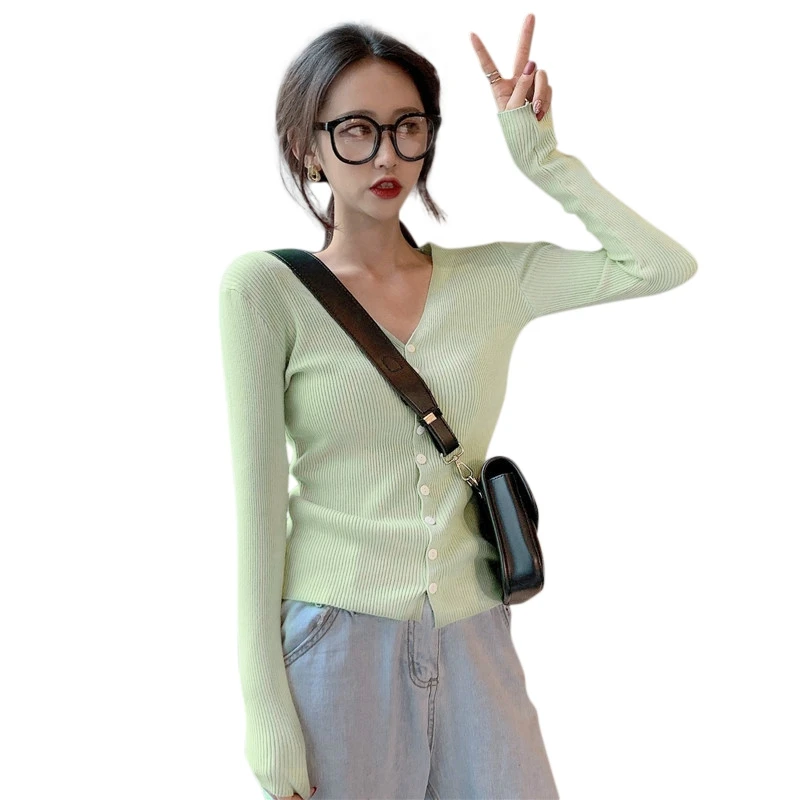 Зеленый New Korean Contrast Color V-neck Wild Long-Sleeved Knit Cardigan - Цвет: Зеленый