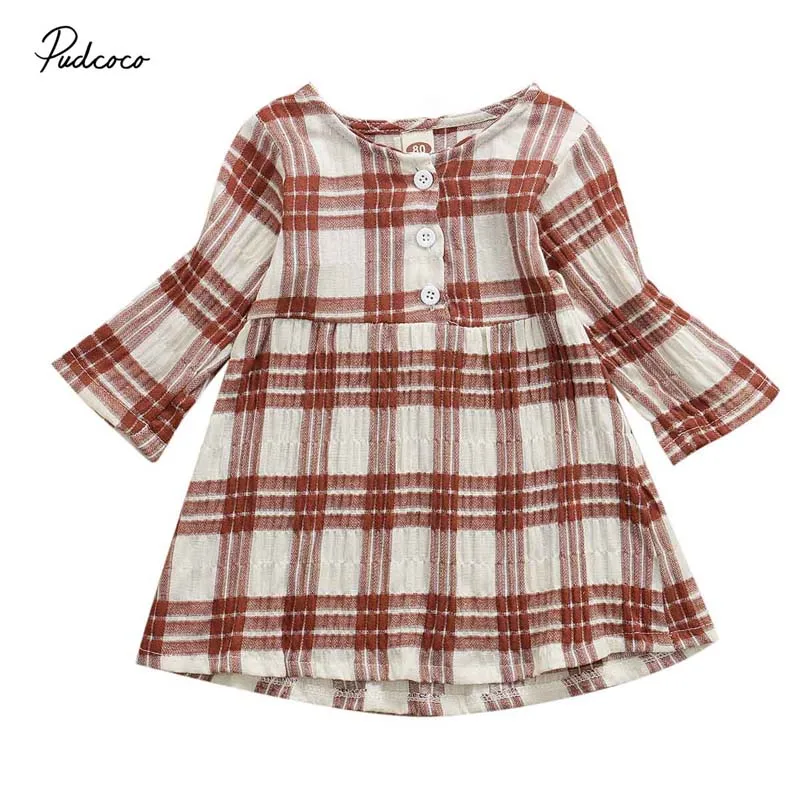Брендовое милое популярное платье в клетку с длинными рукавами и оборками для маленьких девочек Летняя повседневная одежда для девочек, сарафан с длинными рукавами