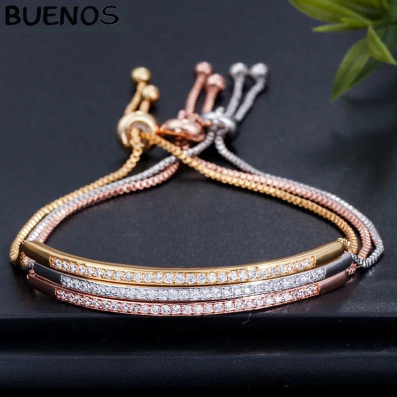 

BUENOS 2019 Adjustable Bracelet Bangle For Women Captivate Bar Slider Brilliant CZ Rose Gold Color Jewelry Pulseira Feminia