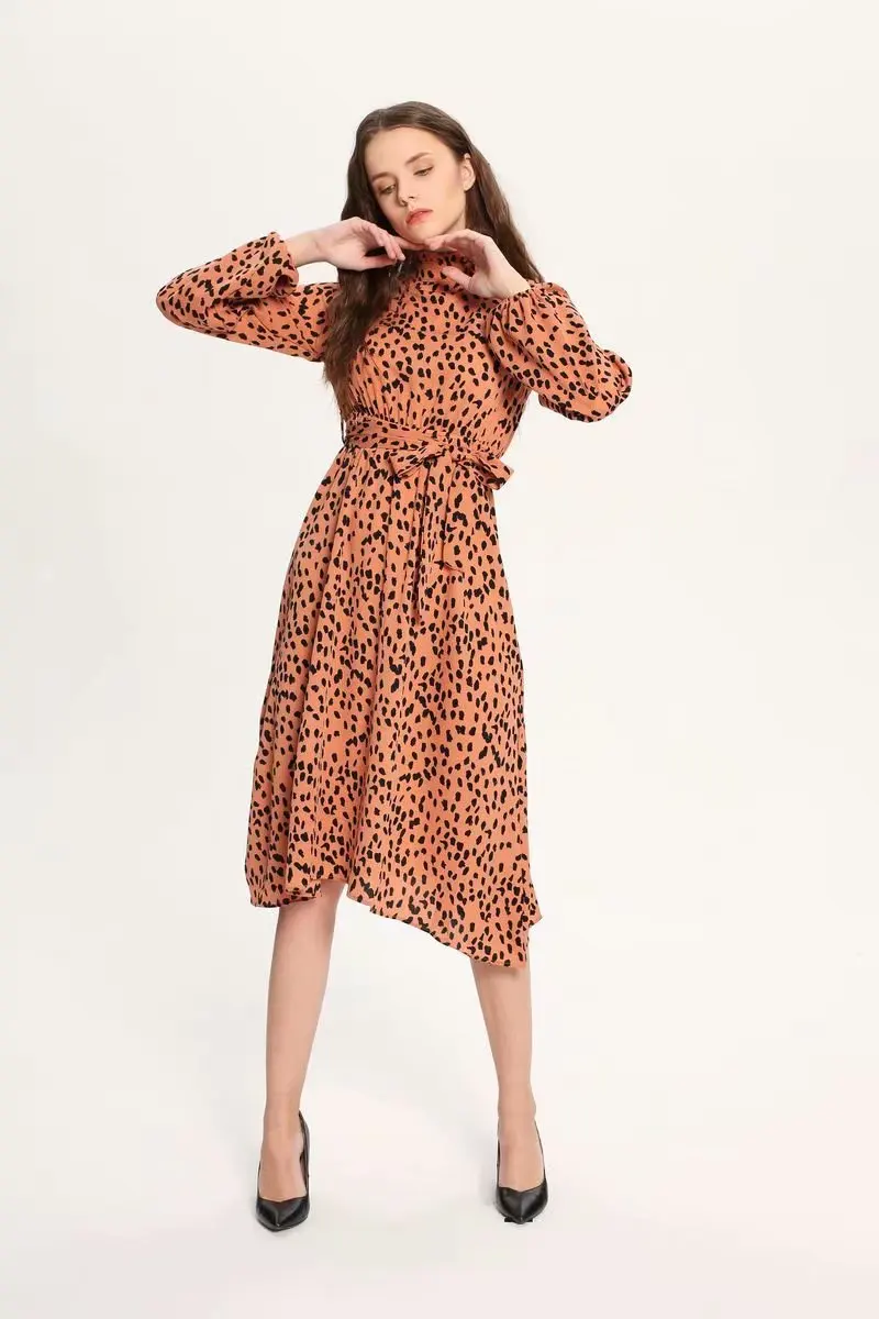 

2019 Spring New Style Retro Leopord Pattern Printed hua bao ling Elasticity Waist Hugging Slimming Elegant Mid-length Dress Wome