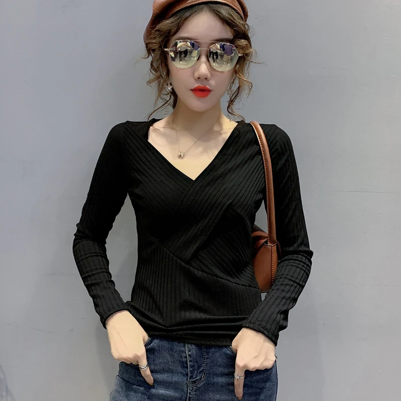 Black tshirt Европейская одежда, сексуальная женская футболка с v-образным вырезом, новинка, весна-осень, модная футболка с длинным рукавом, топы, ropa mujer, джемпер T9D606 - Цвет: Black tshirt