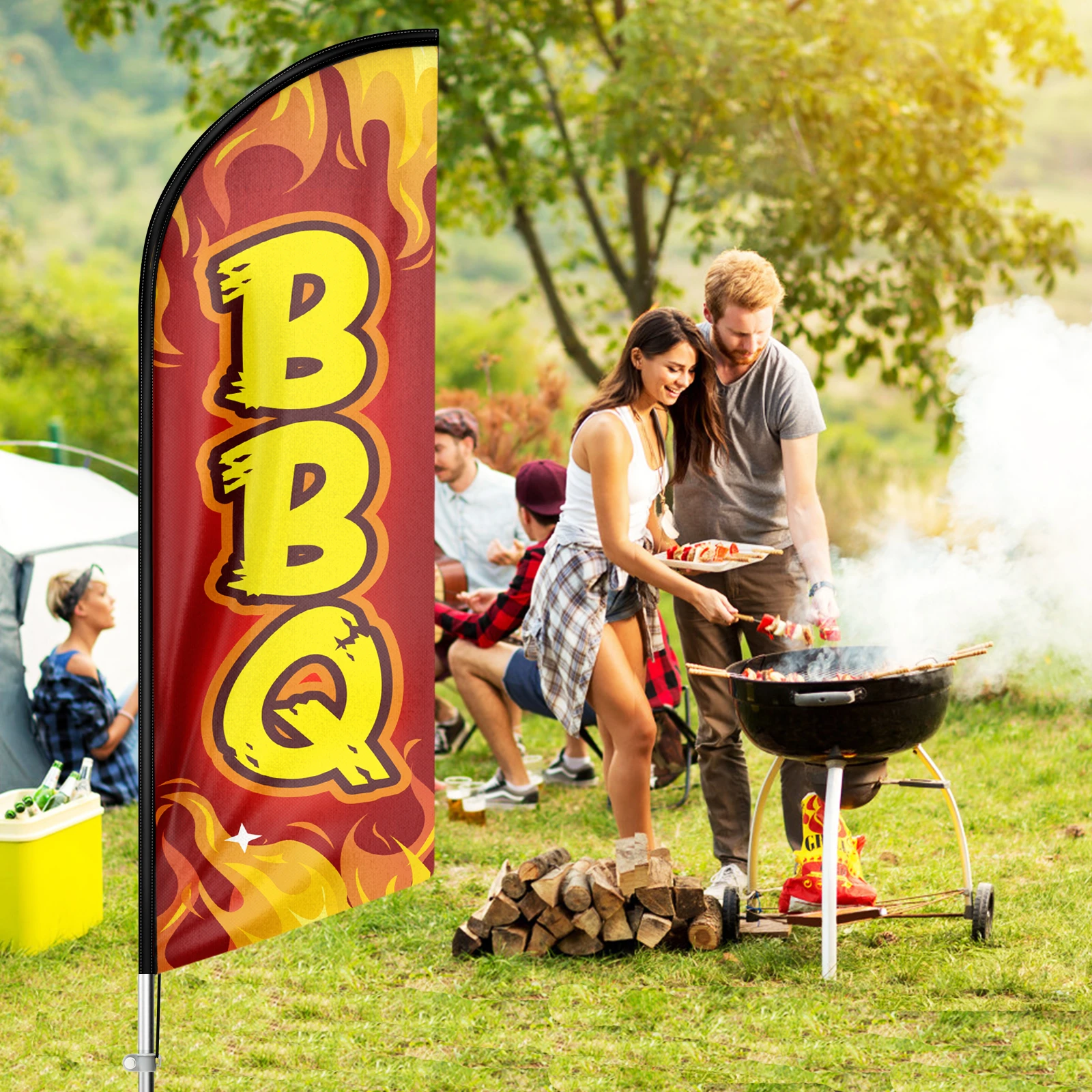 

BBQ Feather Flag BBQ Advertising Feather Banner 11 Ft Swooper Flag Pole Kit and Ground Stake for BBQ Business Party
