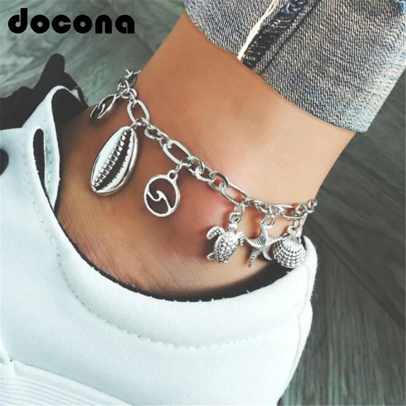 

Docona Silver Color Shell Star Tortoise Anklet for Women Girl Wave Pendant Anklet Sandals Barefoot Boho Jewelry 2322