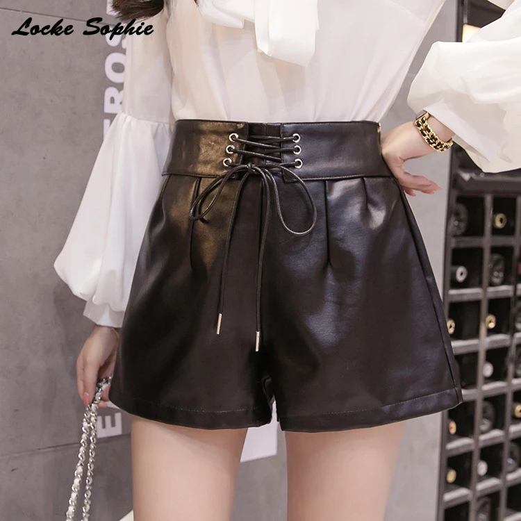 

High waist Women's Plus size leather shorts Autumn Fashion PU leathe Splicing Bandage Ladies Skinny wide leg super shorts