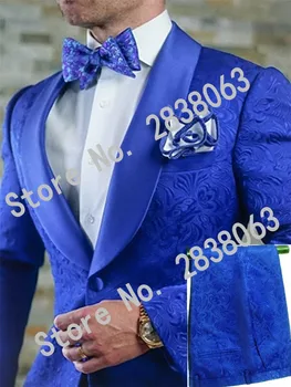 

Groomsmen Shawl Satin Lapel Groom Tuxedos Royal Blue Pattern Men Suits Wedding/Prom Best Man Blazer ( Jacket + Pants + Tie) Z12