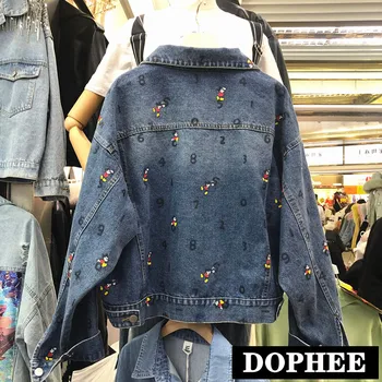 

2020 Spring New Korean Women Loose Cowboy Jacket Cute Cartoon Number Mickey Printing Jeans Coat Retro Washed Short Denim Jackets