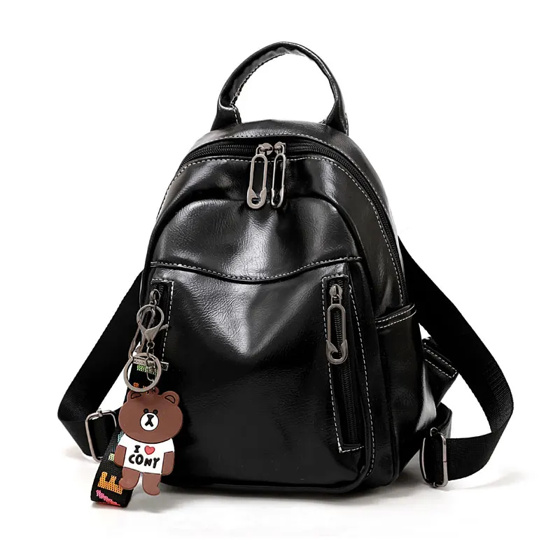 Double Zipper Backpack Women School Bags PU Leather for Teenagers Girls Travel Bags Designer Women Backpack Soft Laptop Backpack - Цвет: Черный