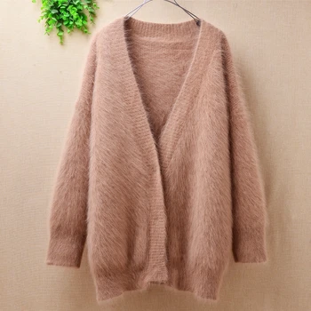 

Winter warm clothes women fashion loose long sleeve cardigans Korean style v-neck angora rabbit fur knitted sweater coat jacket