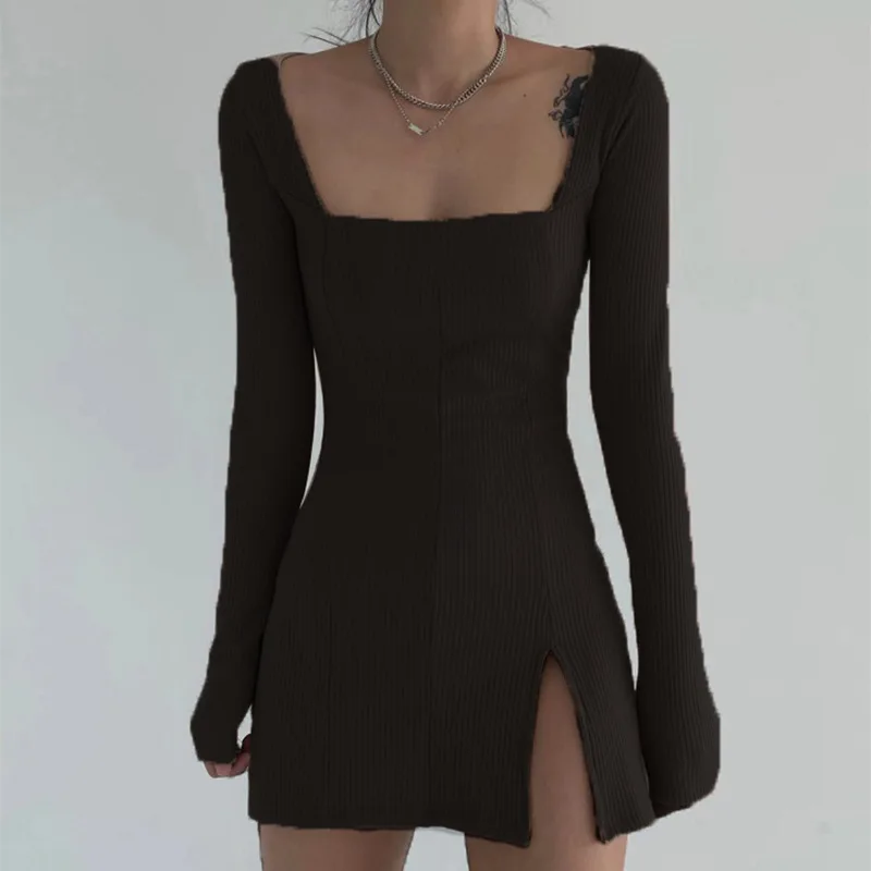 

2020 Spring Online Celebrity Cool Celebrity Style WOMEN'S Dress Europe And America Hot Selling-Square Collar Slit Dress WOMEN'S