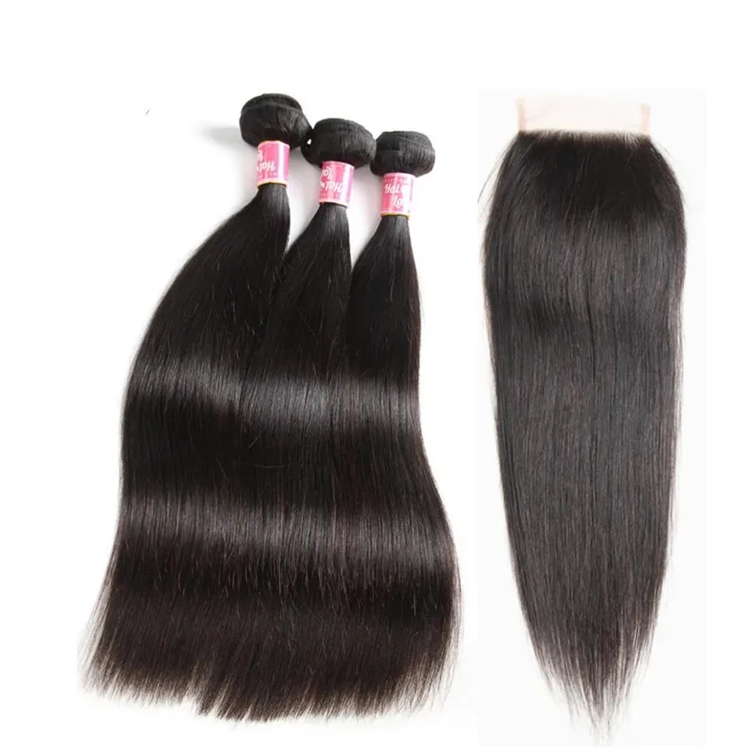 

3/4Pcs Brazilian Straight Human Hair Bundles with Closure Hair Weave with Pre Plucked 4*4 Lace Closure alipearl Non Remy
