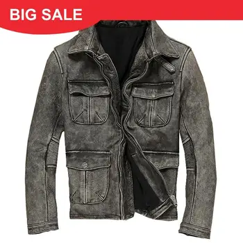 

2020 Vintage Grey Men Casual Leather Jacket Plus Size 5XL Genuine Cowhide Spring Slim Fit Natural Leather Coat FREE SHIPPING