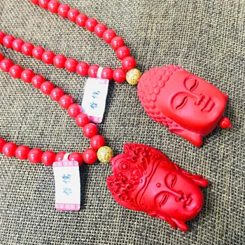 

New natural cinnabar carved red Guanyin Buddha head pendant with a bead necklace men and women sweater chain