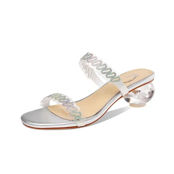 

New Blingbling Genuine Leather Peep Toe rouned High Heels Women slippers 2020 Summer Fashion Punk Casual Shoes Woman