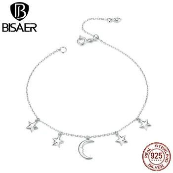 

BISAER Bracelets Genuine 100% 925 Sterling Silver Classic Snake Chain Moon & Stars Bracelet for Women Silver Jewelry HSB189