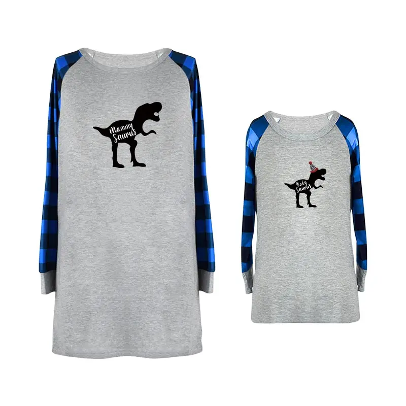 Семейные комплекты для мамы и дочки, клетчатая хлопковая осенне-зимняя футболка с длинным рукавом и принтом динозавра - Цвет: color 2