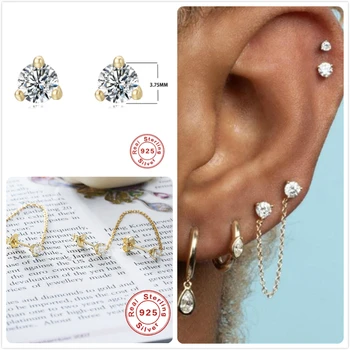 

925 Sterling Silver Earrings For Women Gold Small Zircon Earrings Girl Gift Cartilage Ear Bone Earring Female Tassel aretes R5